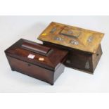 A William IV rosewood tea caddy, of sarcophagus form, the hinged lid revealing a central