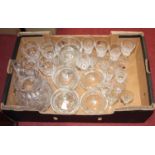 A box of miscellaneous glassware, to include cut glass pitcher, rummers, finger bowls, wine hocks