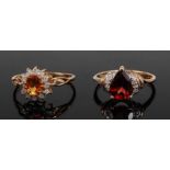 A 9ct gold, garnet and diamond point set dress ring, size L; together with a 9ct gold, citrine and