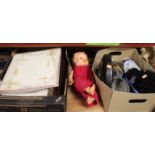 Two boxes of miscellaneous items, to include pewter tankard, mid-20th century celluloid doll,