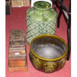 A large green glazed pottery lamp base; together with a Victorian green glazed jardiniere; and a set
