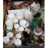 A box of miscellaneous china and glassware, to include Dartmouth Pottery fish vase, Continental