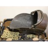 A box of assorted metalware to include; copper helmet shaped coal scuttle, warming pan, brass