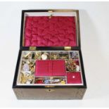 A Victorian walnut work box, containing various items of costume jewellery, lady's wristwatch, cameo