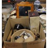 A box containing a collection of various items to include silver plated wares, treen and a swing