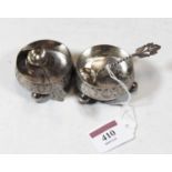 A pair of Victorian silver open salts each having engraved frieze with monogrammed cartouche