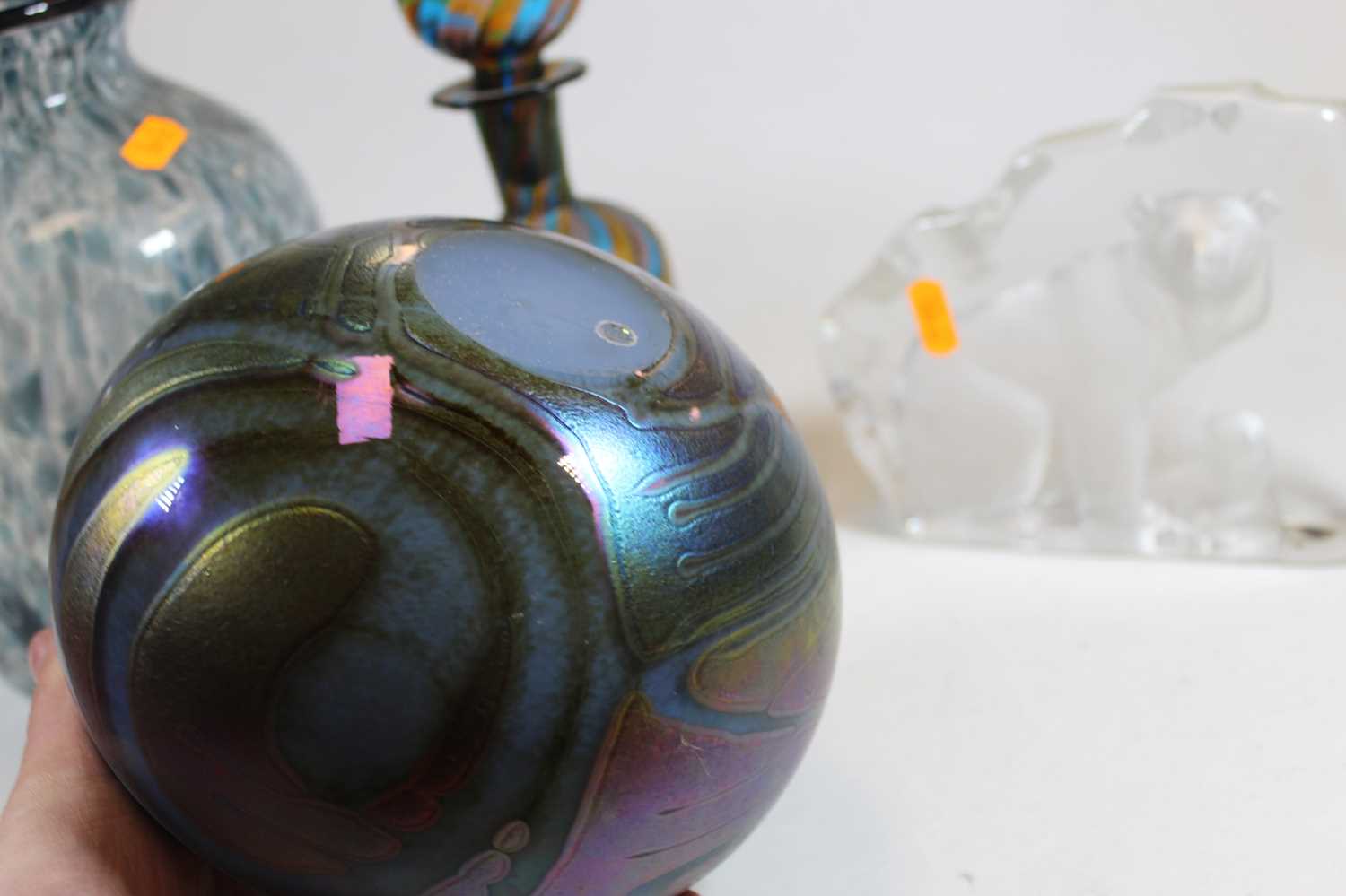 A Loetz style iridescent glass vase, of squat globular form, 13cm high, together with a Monart style - Image 5 of 6