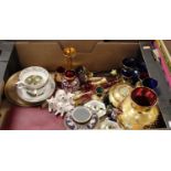 A box of mixed effects to include; mid-European colour and gilt decorated glassware, pair of tea