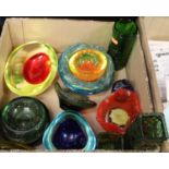 A box of miscellaneous studio and other glassware, to include green tinted Whitefriars bowl with