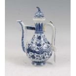 A Chinese export coffee pot and cover, underglazed blue decorated with bird among flowers and