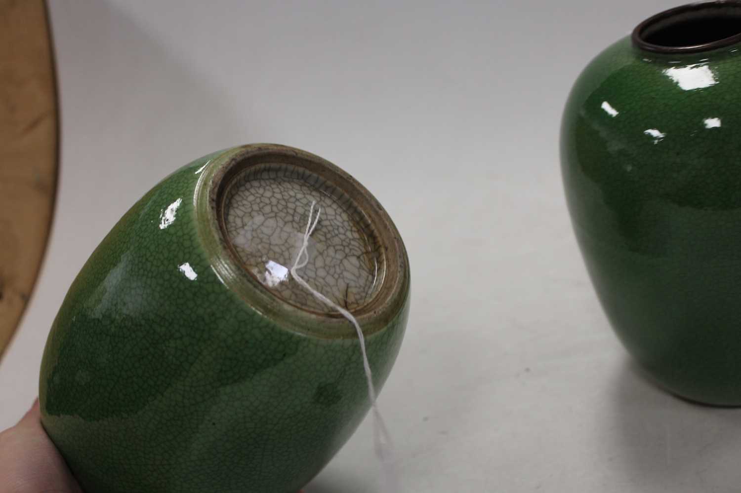 A pair of Chinese green crackle glazed vases each of ovoid form, height 17cm, together with one - Image 8 of 8