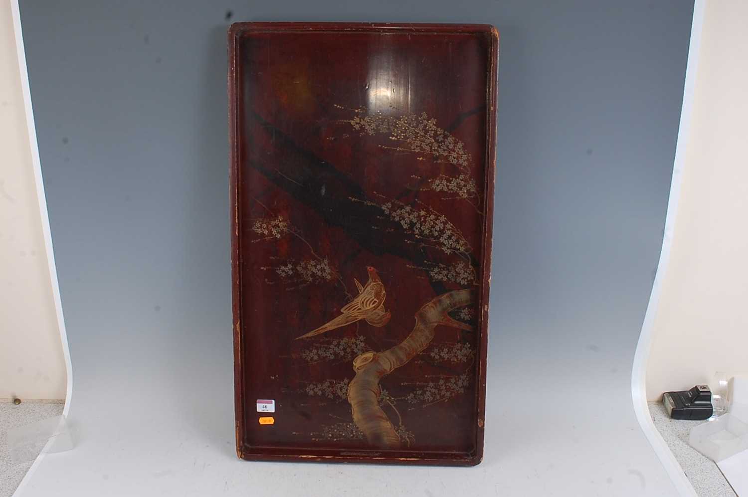 A Japanese Taisho period and red lacquered tray relief decorated with a pheasant amidst flowers - Image 2 of 6