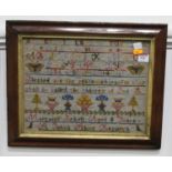 A Victorian needlework alphabet, number, verse and picture sampler by Margaret Birkett, aged 8, 27 x