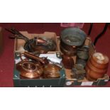 Three boxes of sundry effects to include; copper and iron handled frying pans, two copper range