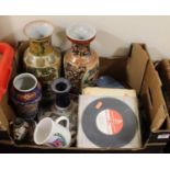 A box of mixed effects to include; Wade mallet shaped navy commemorative decanter, Japanese vases,