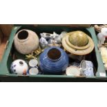 A box of sundry mixed effects to include; small terrestrial table globe, blue & white wares, green
