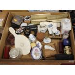 A box of miscellaneous items to include a Hudsons Metropolitan whistle, various trinket jars and