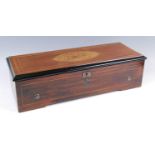 A late 19th century Swiss rosewood cased music box, the 13" cylinder playing ten airs, with change/
