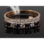A 9ct gold, sapphire and diamond half hoop ring, as seven alternating round cut stones, 2.4g, size