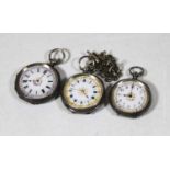 A late Victorian silver cased mid size open faced pocket watch, the dial enamel decorated with