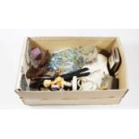 A box of miscellaneous items to include Hummel figure of a school girl, glove stretchers, inkwell,