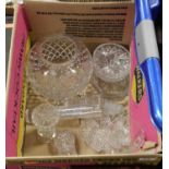 A small box of sundry cut crystal glassware to include large globular vase etc