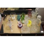A box of assorted glassware to include; three cut glass decanters and stoppers, pedestal wine