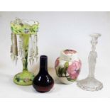 A small collection of glassware and ceramics to include a Victorian glass table lustre, height 29cm,