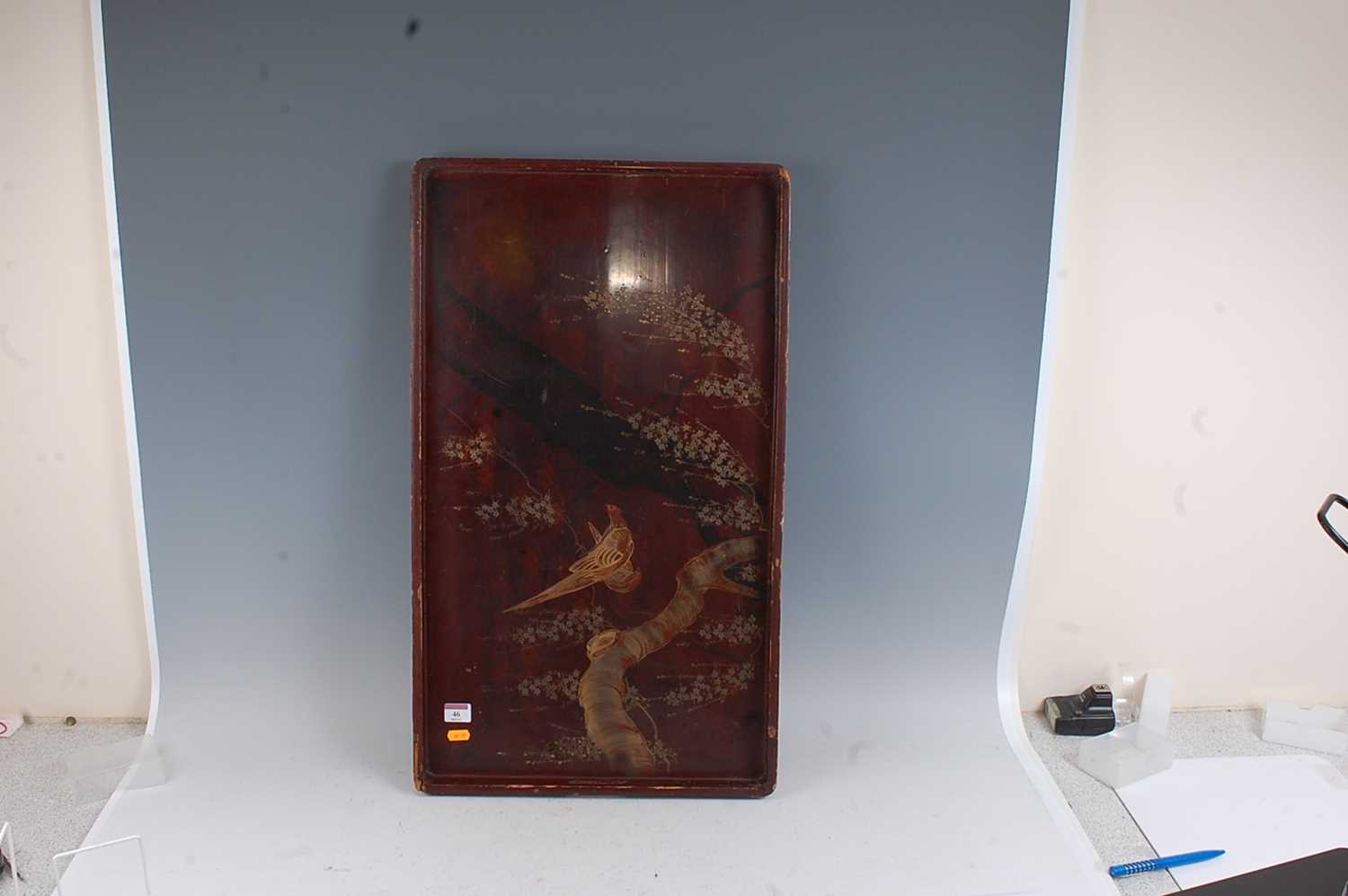A Japanese Taisho period and red lacquered tray relief decorated with a pheasant amidst flowers - Image 6 of 6