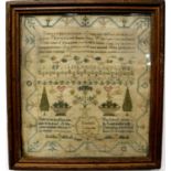 A late 18th century needlework, verse, alphabet, number and picture sampler by Elizabeth Collender