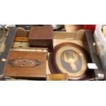 A box of mixed effects to include; draughts pieces, mahogany and polychrome painted hinge top