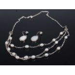 A contemporary silver and cultured pearl necklet together with a pair of white metal and mother of