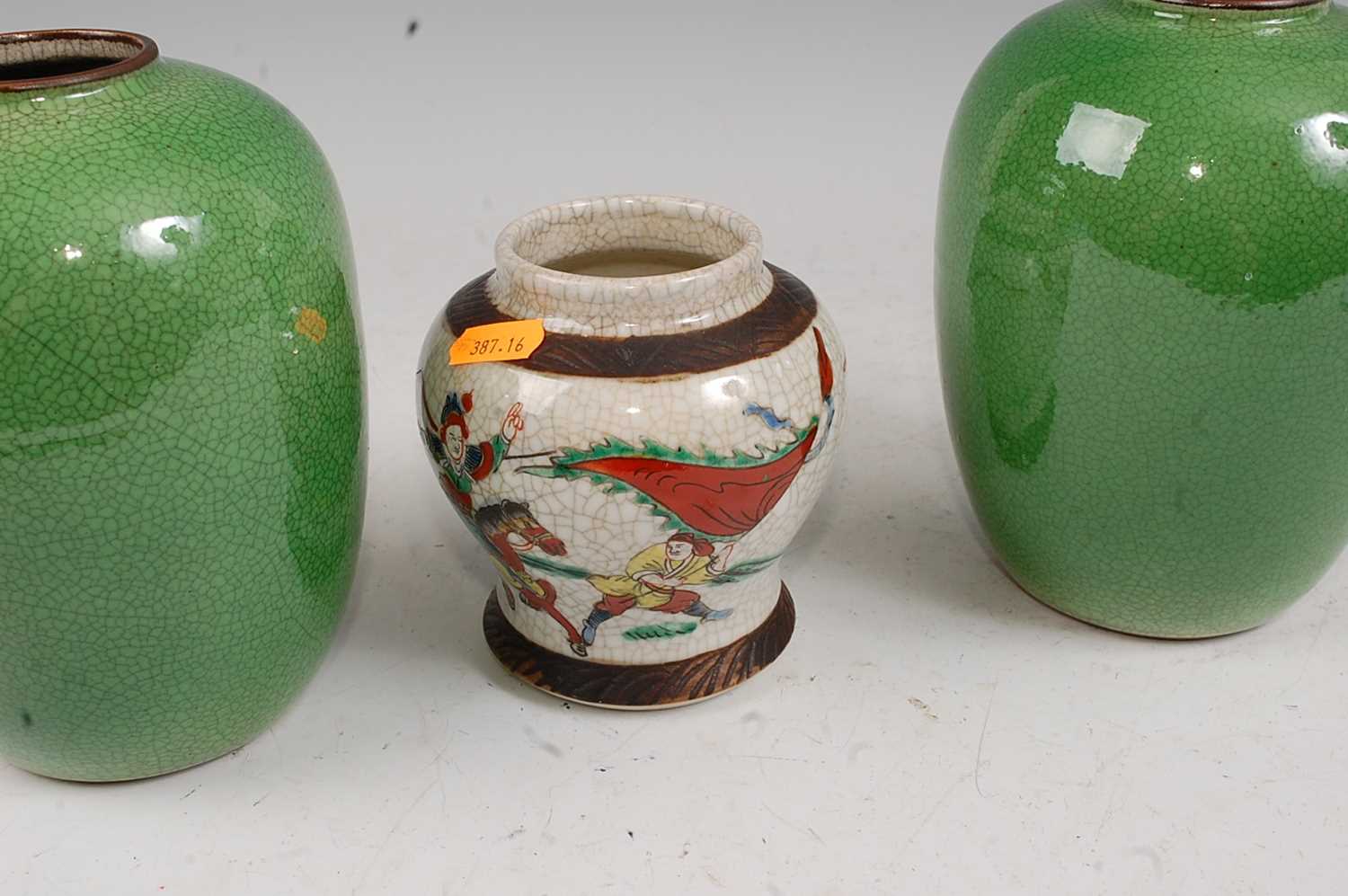 A pair of Chinese green crackle glazed vases each of ovoid form, height 17cm, together with one - Image 2 of 8