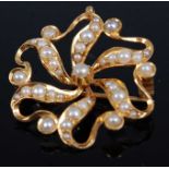 An early 20th century 15ct gold and seed pearl set flower-head brooch, 4.2g, 27mm