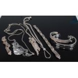 Assorted modern silver and white metal costume jewellery, to include two bangles, pendants, neck