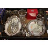 A box of miscellaneous silver plate to include loose flatware, goblets etc