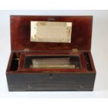 A Victorian faux rosewood cased cylinder music box, the 8" cylinder with six airs, case width