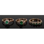 A 9ct gold, emerald and diamond cluster ring, size L; together with two other 9ct gold, emerald