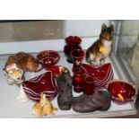 A Royal Dux porcelain model of a German Shepherd, together with various other glassware and ceramics