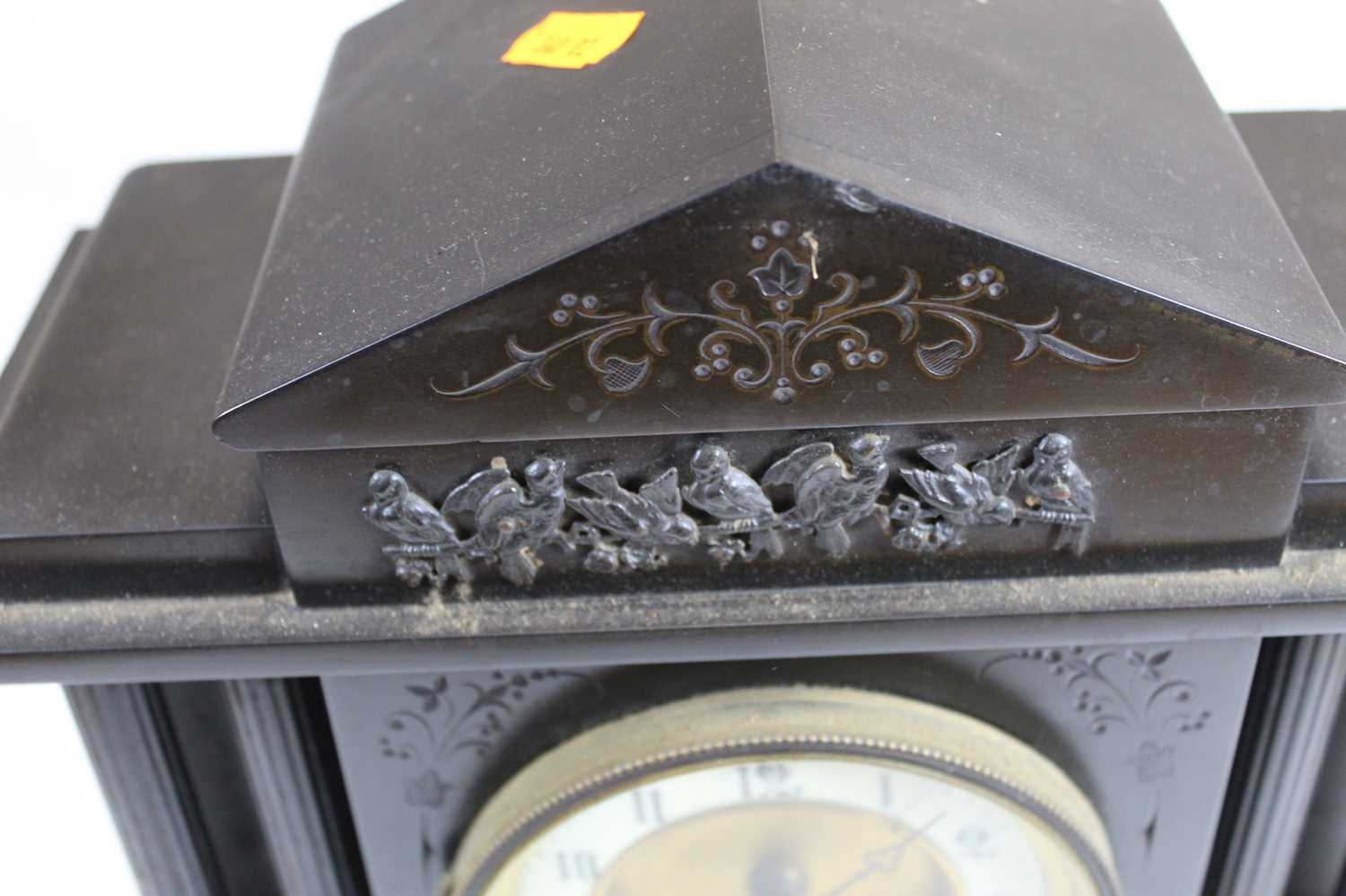 A Victorian black slate mantel clock of architectural form, relief decorated with birds, the dial - Image 3 of 4