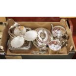A box of miscellaneous silver plate, to include two entrée dishes, coffee pot, hors d'oeuvre dish