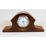A 1920s mahogany and satinwood inlaid cased mantel clock, having an enamelled dial with Arabic