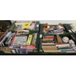 Four boxes of various hardback, paperback books, magazines, French faience vase etc