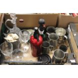 A box of mixed effects to include; pewter tankards, glass ewer & stopper, sundry drinking glasses,