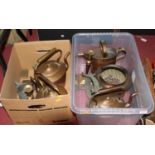 Two boxes containing a collection of various metalwares to include a Victorian copper range kettle