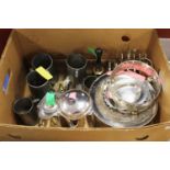 A box of miscellaneous metalware, to include silver plated comport, six-division toast rack, brass