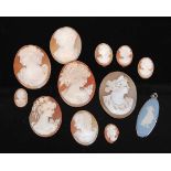 A collection of Victorian and later carved shell cameos each being profile portraits of maidens,