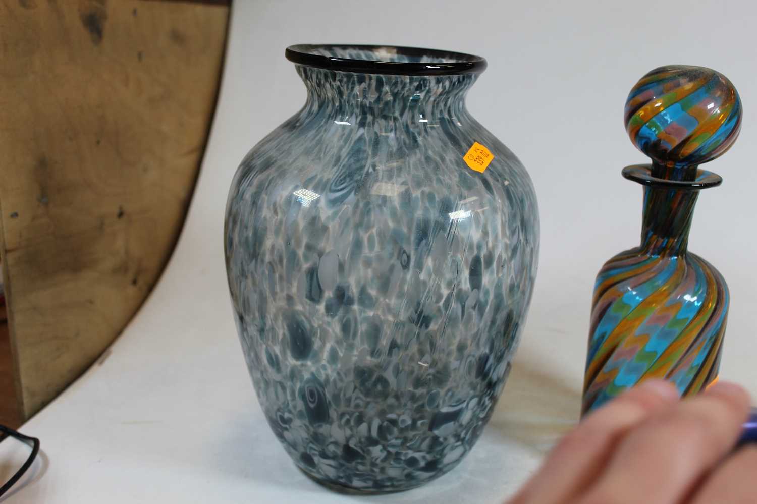 A Loetz style iridescent glass vase, of squat globular form, 13cm high, together with a Monart style - Image 3 of 6