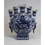 A Chinese export blue & white five necked vase, the five flared rims above a body decorated with a
