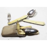 A late 19th century campaign cutlery suite to include folding knife, fork and spoon, each with ivory